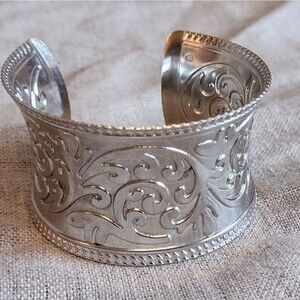 Silvertone Metal Floral Wide Concave Cuff Bracelet 7.5"